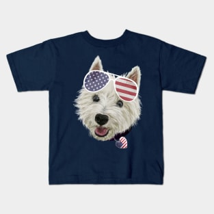 Westie Dog Fourth Of July USA Flag Glasses And Heart Kids T-Shirt